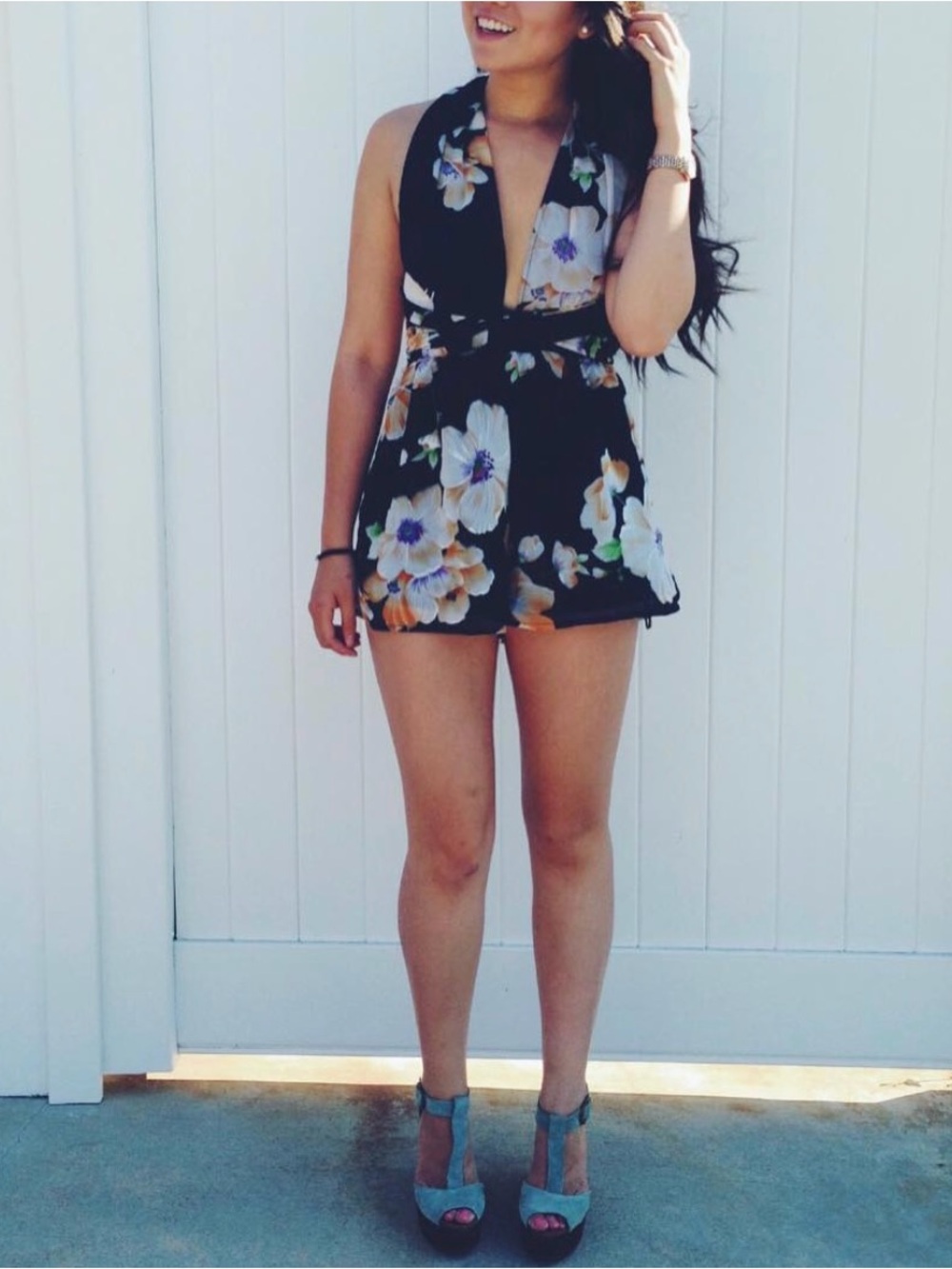 Backless Floral Halter Romper | Tropical Vacation Tie-Back Playsuit XS/S